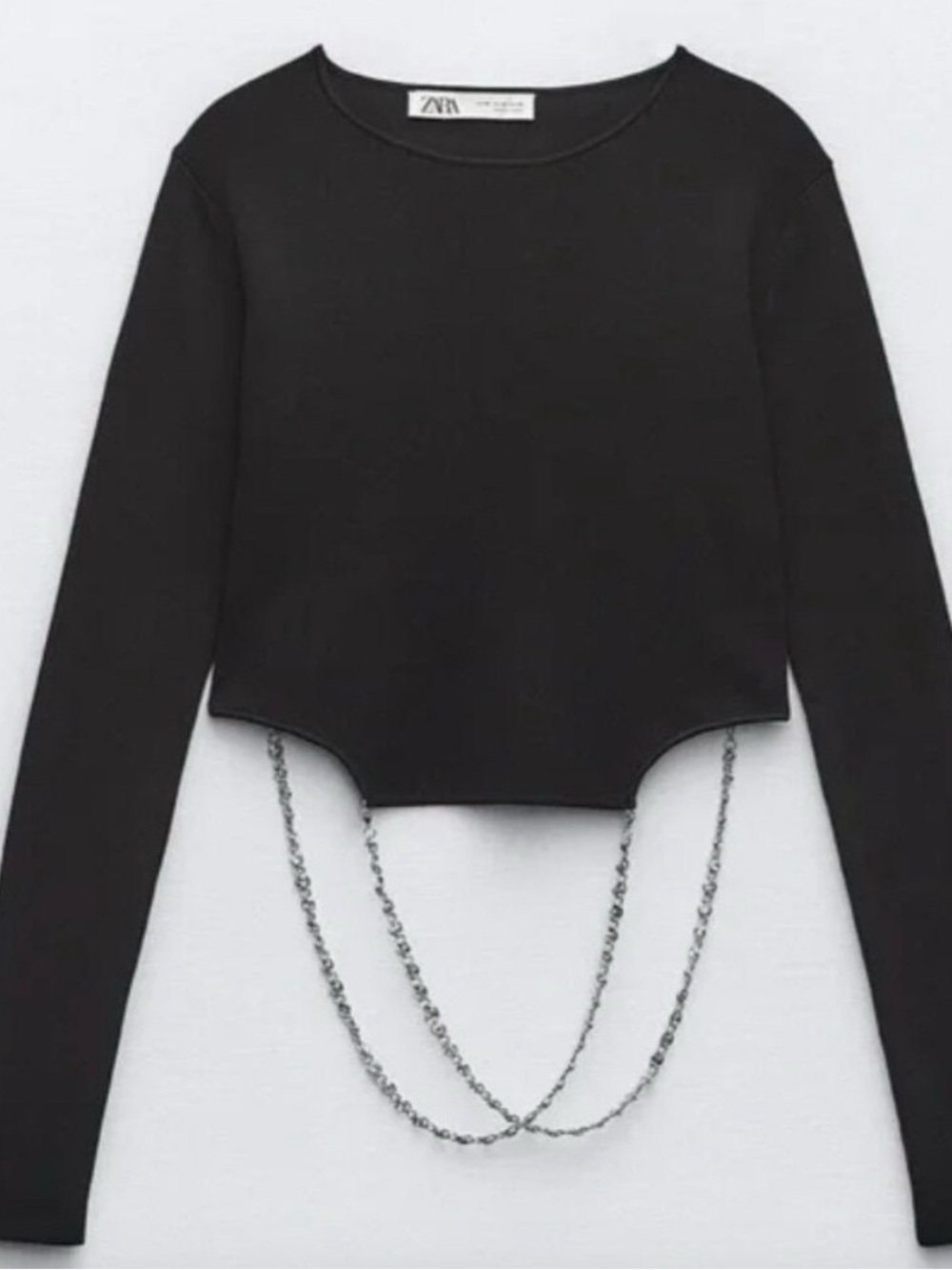 ZARA Black Cropped Long-Sleeve Top with Decorative Silver Studded Chains Small